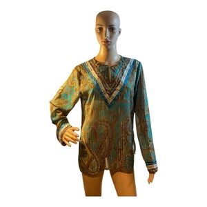 Carrie Allen Women's Green  Print Sheer Long Sleeve Beaded Blouse Shirt Size M